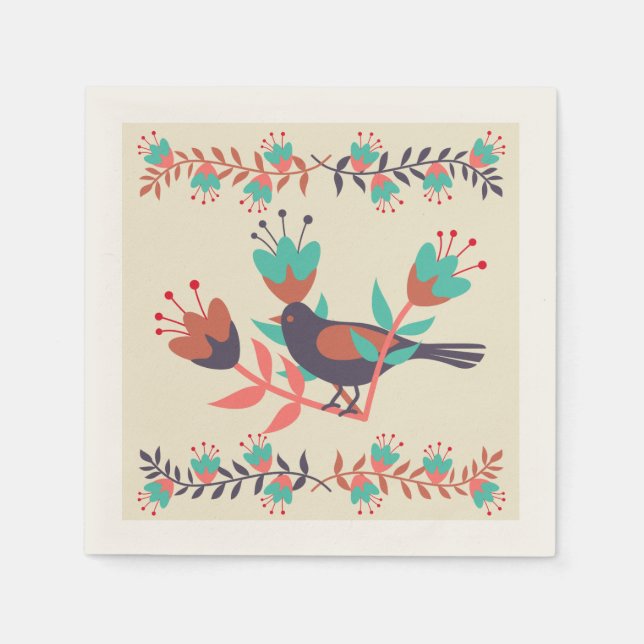 Fågel- och Blommigt folkart Pappersservett (Framsidan)