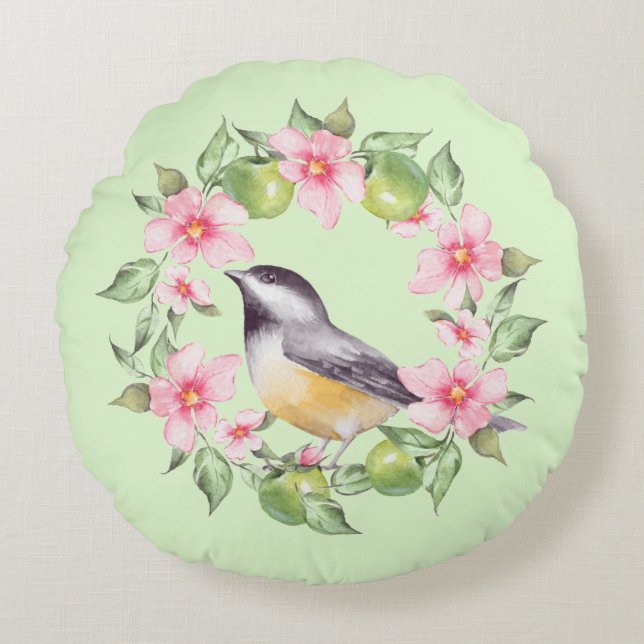 Fågel och blommor 2 rund kudde (Framsidan)