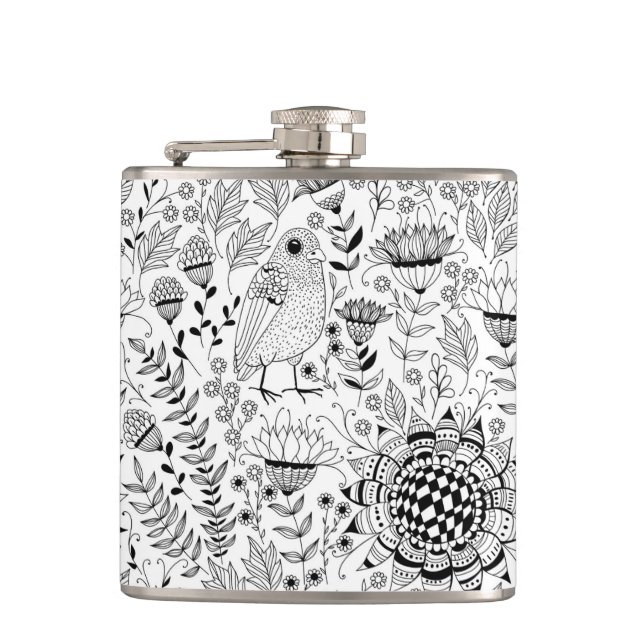 Fågel och blommor Doodle mönster Fickplunta (Framsidan)