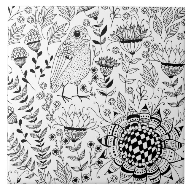 Fågel och blommor Doodle mönster Kakelplatta (Framsidan)