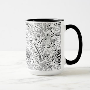 Fågel och blommor Doodle mönster Mugg