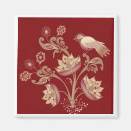 Fågel och blommor i rött kvadratisk magnet