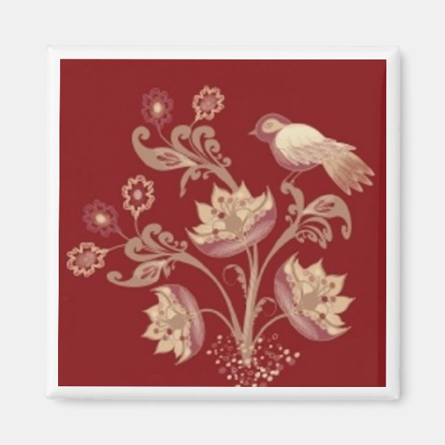 Fågel och blommor på röd fyrkantig magnet (Framsidan)