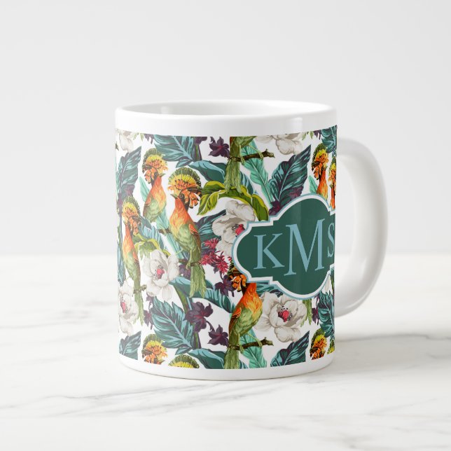 Fågel och exotisk blomma Mönster| Monogram Jumbo Mugg (Framsida höger)