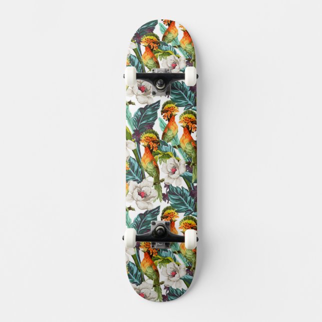 Fågel och exotiskt blommamönster mini skateboard bräda 18,5 cm (Framsida)
