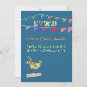Fågel och flaggor Blå baby shower inbjudan