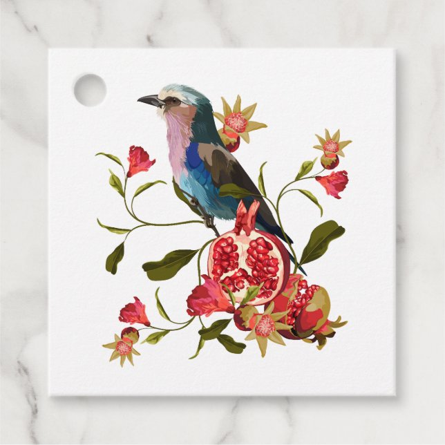 Fågel- och granatfruktillustration. gåvor etiketter (Framsida)