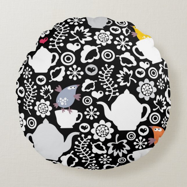 Fågel- och koppmönster rund kudde (Framsidan)