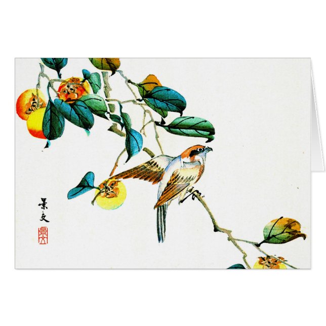 Fågel och Persimmons 1892 Hälsningskort (Framsidan Horizontal)