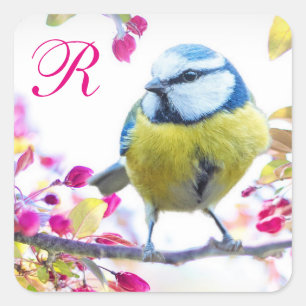 Fågel och Rosa Blommar Monogram Fyrkantigt Klistermärke