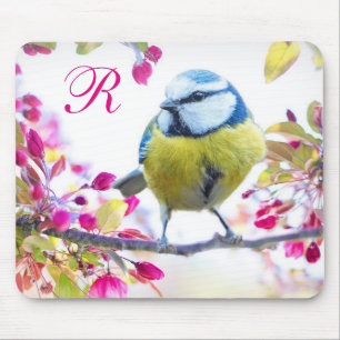 Fågel och Rosa Blommar Monogram Musmatta
