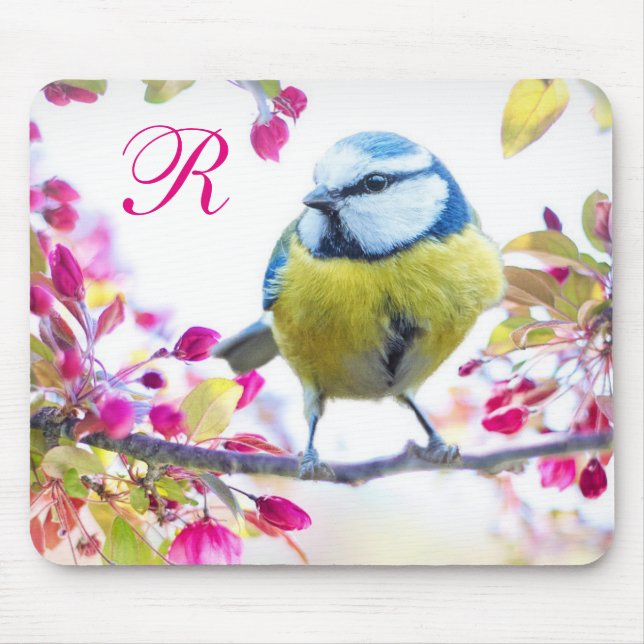 Fågel och Rosa Blommar Monogram Musmatta (Framsidan)