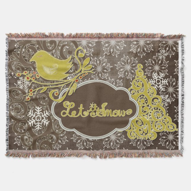 Fågel och Snöflingor på Brunt Helgdag Throw Filt (Framsidan)