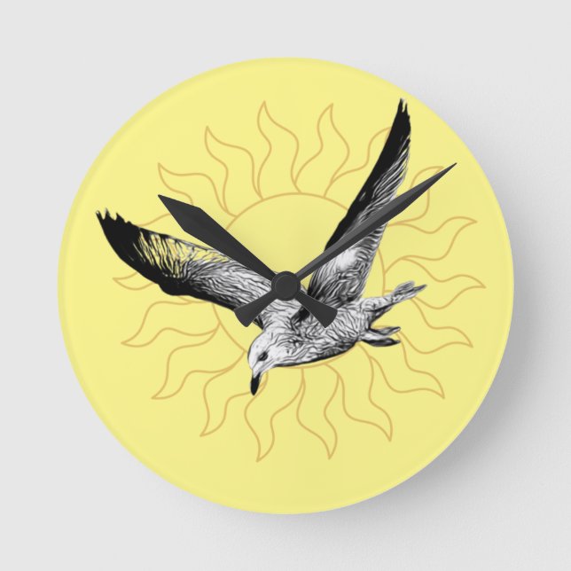 Fågel och sol gul väggklocka (Framsida)