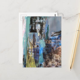 Fågel och stadsbyggnader blandteknisk collage vykort
