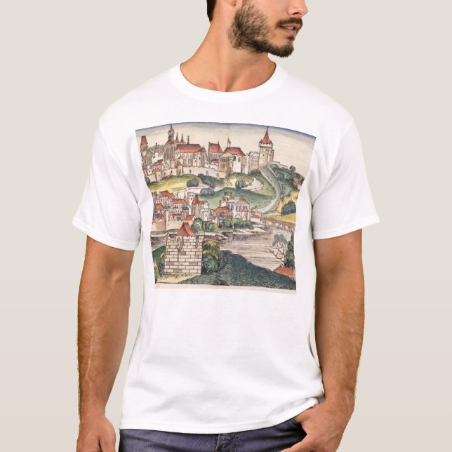 Fågel öga beskådar av Prague från Nuremberg Chron T-shirt (Framsida)