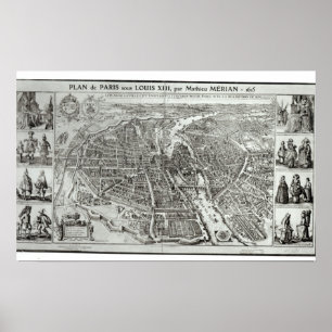 Fågel öga planerar av Paris, 1615 Poster