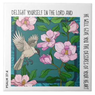 Fågel på Blommigt: Vänd från Psalm 37:4 Keramiskt  Kakelplatta