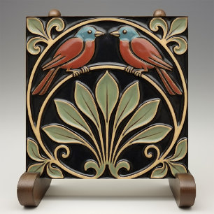 Fågel på blommor Art Deco Nouveau Faux Relief Kakelplatta