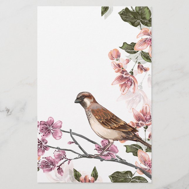 Fågel på en gren med rosa blommar brevpapper (Framsida)