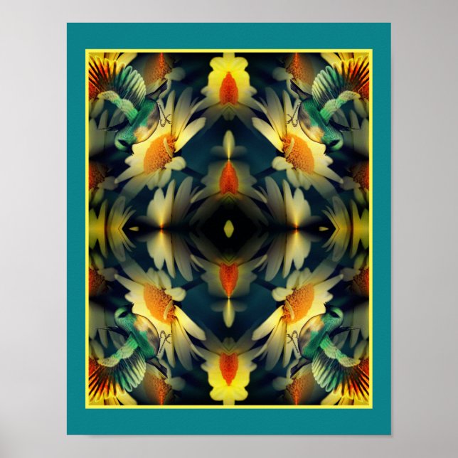 Fågel på Gult Daisy Abstrakt Fantasy Art Poster (Framsidan)