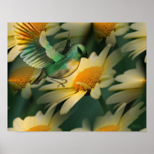 Fågel på Gult Daisy Fantasy Art Poster