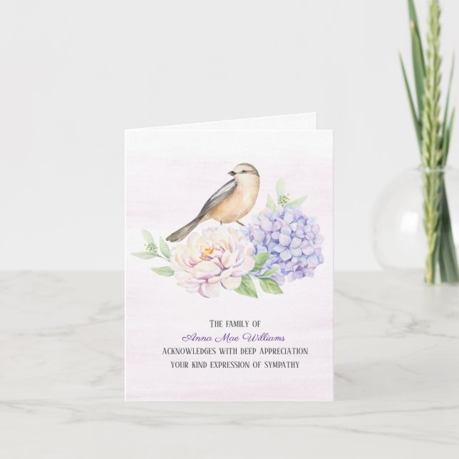 Fågel på hortensia Sympati tack Kort (Framsida)