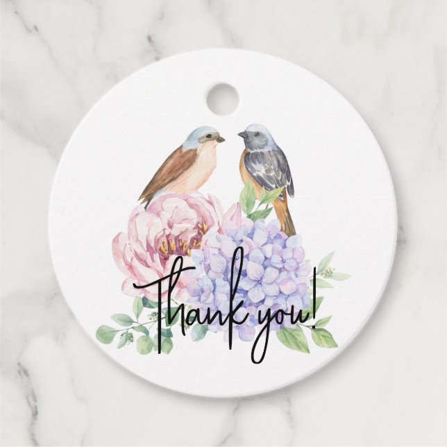 Fågel på Hydrangea Gren och Peony Bröllop Gåvor Etiketter (Framsida)
