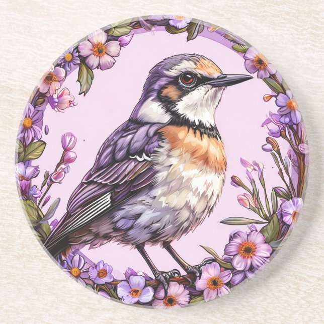 🐦 Fågel på lila blomsterbakgrund 🐦 Underlägg (Framsidan)