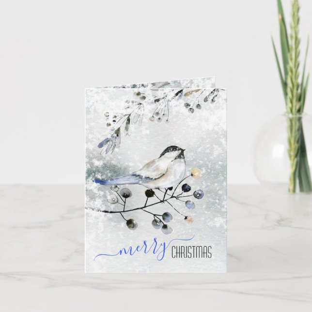 Fågel på Snöj Gren med Berries God jul Helgkort (Framsida)