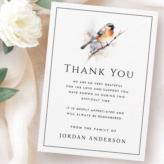 Fågel på tunn gren sorg minneshögtid tack kort (Bird on branch thin border funeral memorial thank you card
)