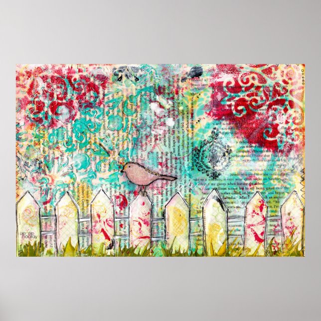 Fågel på Vita Picket Fence Mixed Media Skriv ut Poster (Framsidan)