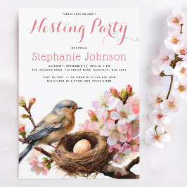 Fågel rede äggläggning rosa blomster vattenfärg ti inbjudningar