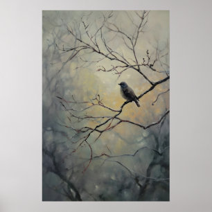 Fågel sittande på träd Mörk Akademia, Fågel Väggko Poster