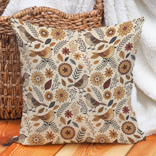 Fågel Skogsland Folkkonst Varm Höst Natur Kudde (Bird nature-inspired woodland autumn leaves pillow)