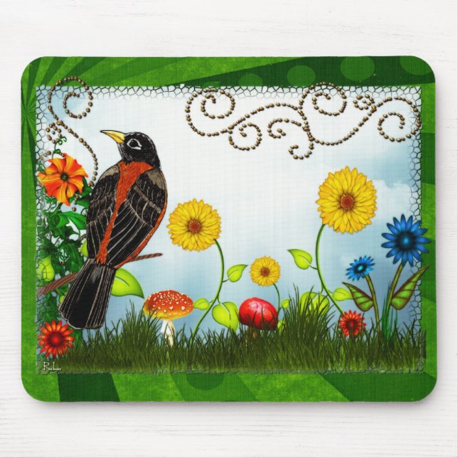 Fågel som tittar på Whimsical Folk Art Musmatta (Framsidan)