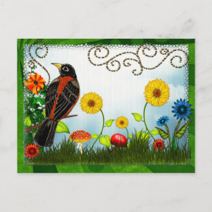 Fågel som tittar på Whimsical Folk Art Vykort