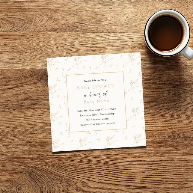 Fågel, stormar inbjudan till unisex babydusch (Baby shower square invitation card with vintage style border of storks and gold frame)