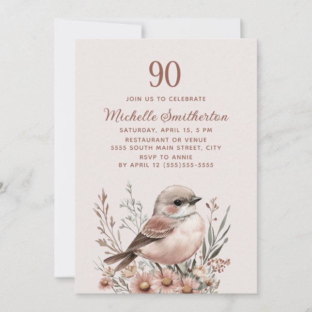 Fågel Terrakotta Rosa 90-årsdag Inbjudningar (Framsida)