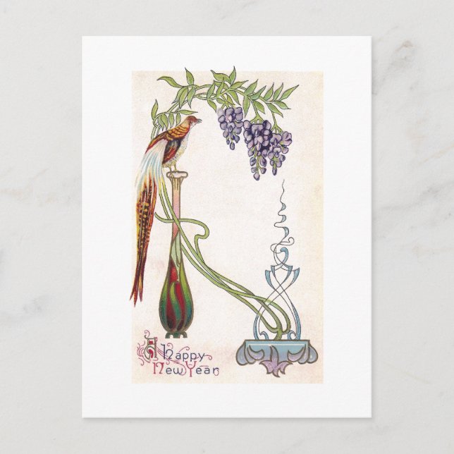 Fågel, Vas och Wisteria Art nouveau nytt år Helg Vykort (Framsida)