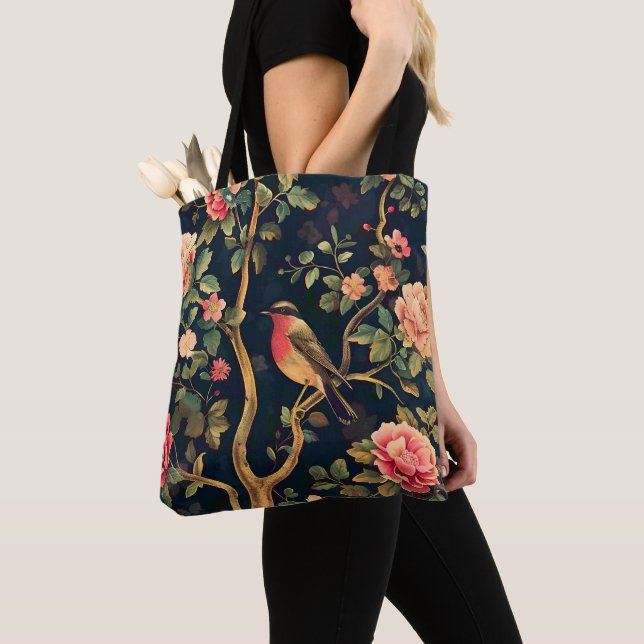 Fågel Vintage Mönster Skog Floral Tygkasse (Närbild)