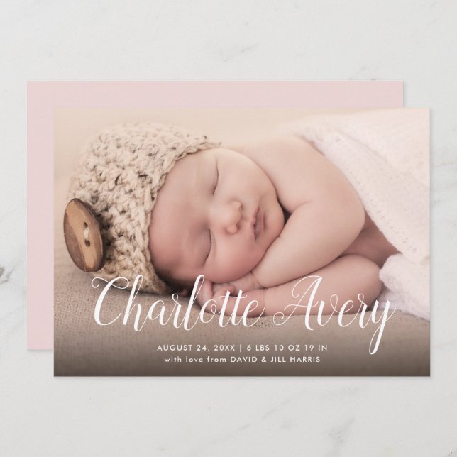 Fågelannonsering om Calligraphy Namn Photo Birth Inbjudningar (Fram/baksida)