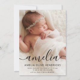 Fågelannonsering om Calligraphy Namn Photo Birth Inbjudningar