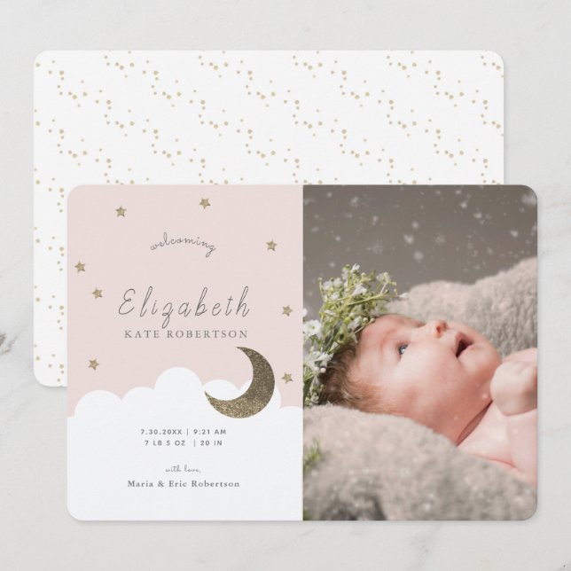 Fågelannonsering om Stars & Måne Rosa Girl Photo B Inbjudningar (Fram/baksida)