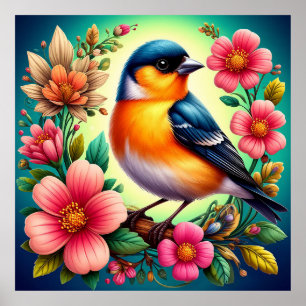 Fågelbeskjutning bland färgblommor poster