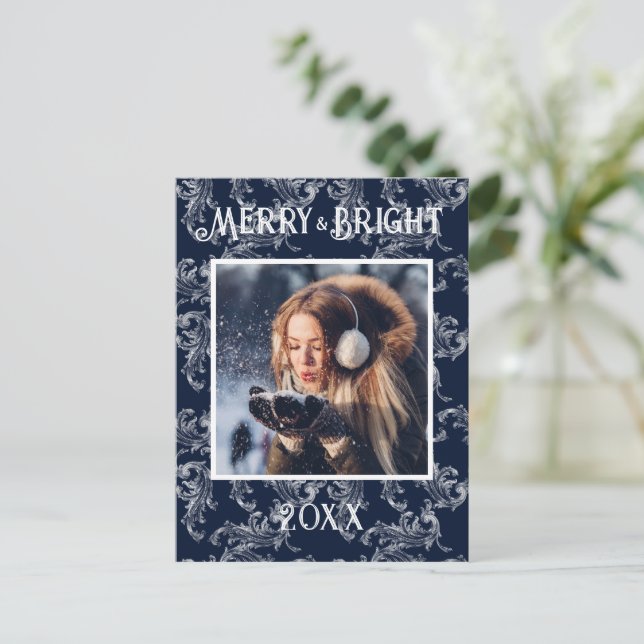 Fågelblå Helgdag i Merry & Bright Photo Navy Blue Helg Vykort (Stående Fram)