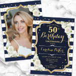 Fågelblått Guld, foto 50:e födelsedagen Inbjudningar<br><div class="desc">Femininininbjudan till elegantens blommigt på 50 års födelsedag med ditt foto på baksidan av kortet. Glam-marinens vita design med faux glitter guld. Med marinblått och vitt rand, vit ros, typsnitt och konetti. Perfekt för en snyggt vuxen under firande party. Anpassa med dina egna detaljer. Kan anpassas för vilken ålder som...</div>