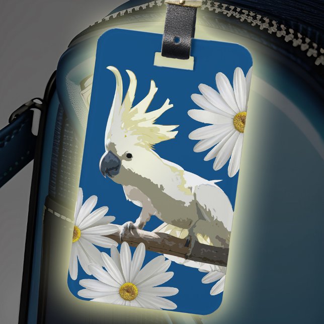 Fågelblått och vit Daisy Bagagebricka (Personalized tropical bird luggage tag with cheerful cockatoo parrot & daisy flowers in blue & white)