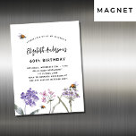 Fågelblommor är en vild lyx för rosa bin magnetisk inbjudningskort<br><div class="desc">En vit bakgrund. Dekorerad med bin och målade vilda blommor i violett och rosa. Anpassa och lägg till information om namn och party.</div>