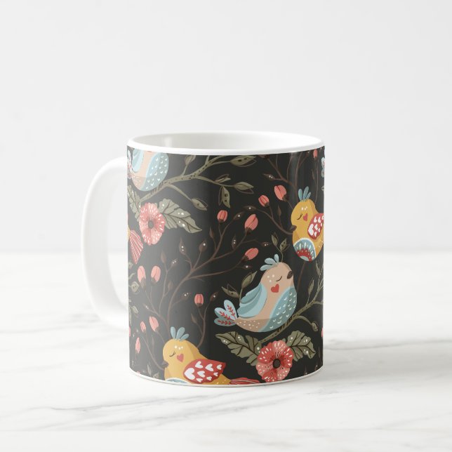 Fågelblommor Bohemian Kärlek Mönster Kaffemugg (Framsida vänster)